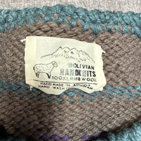 Vintage Bolivian Hand Knit Cardigan Sweater Lamb Wool Art Handmade Men XL Heavy - Picture 2 of 6